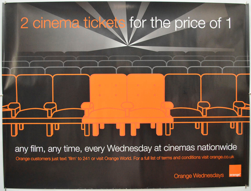 Black Orange Wednesdays poster showing rows of outlined cinema seats, with two central seats filled orange. Large text reads “2 cinema tickets for the price of 1”; lower text says the offer applies to any film, any time, every Wednesday at cinemas nationwide.