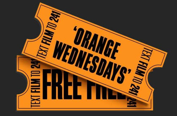 Graphic of two overlapping orange cinema tickets on a dark background. The front ticket reads “Orange Wednesdays” and “Free ticket,” with repeated “Text film to 241” text around the edges.