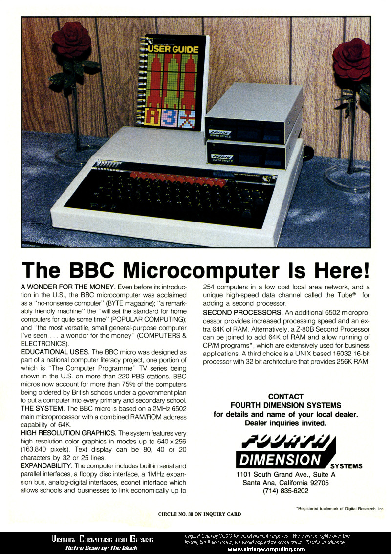 Scanned advertisement headed “The BBC Microcomputer Is Here!” showing a BBC Microcomputer keyboard unit, two stacked disk drives, and a spiral-bound “User Guide” against a wood-panel background; columns of promotional text fill the lower half.