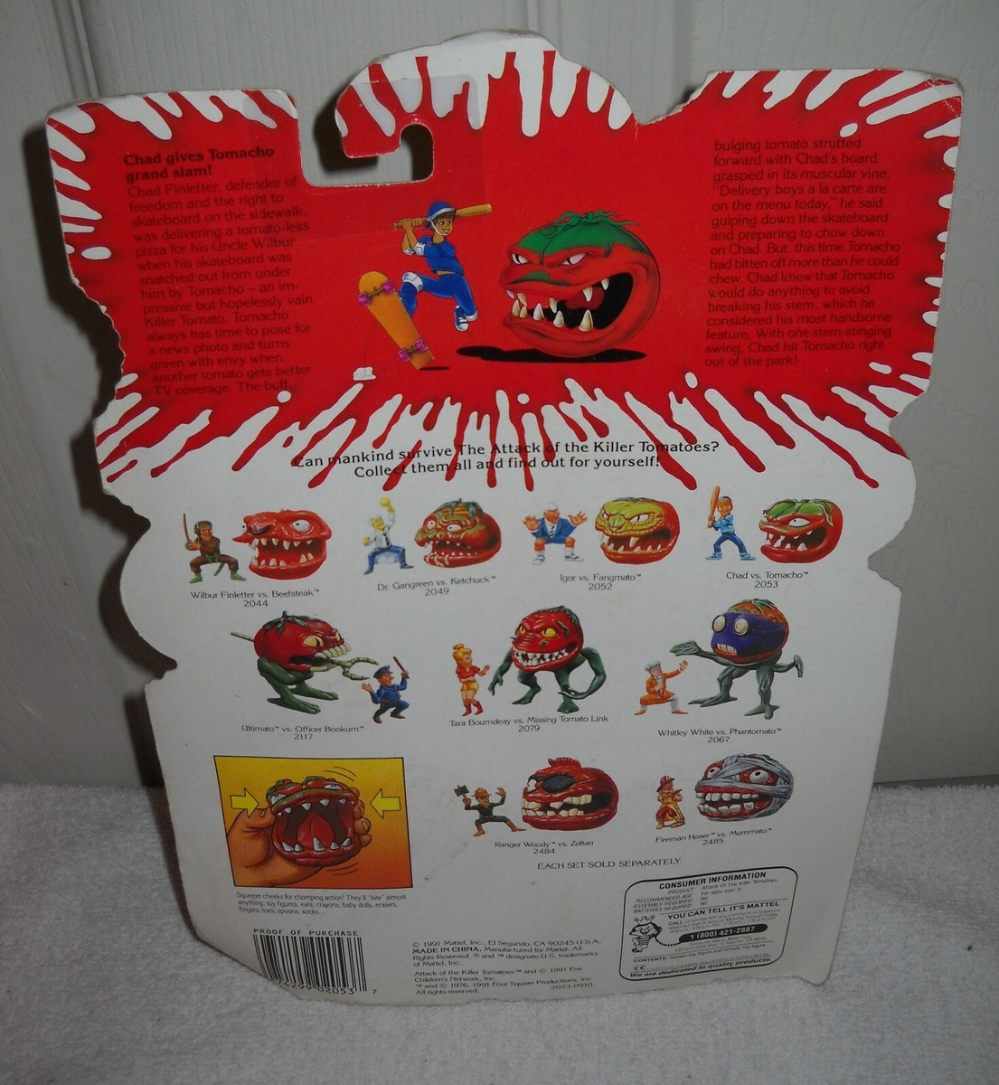 Photograph of the back of a red-and-white splattered Attack of the Killer Tomatoes card, with an illustrated skateboarder and tomato at the top, character descriptions, a pictured lineup of figures, a play-feature illustration, barcode, and consumer-information box.