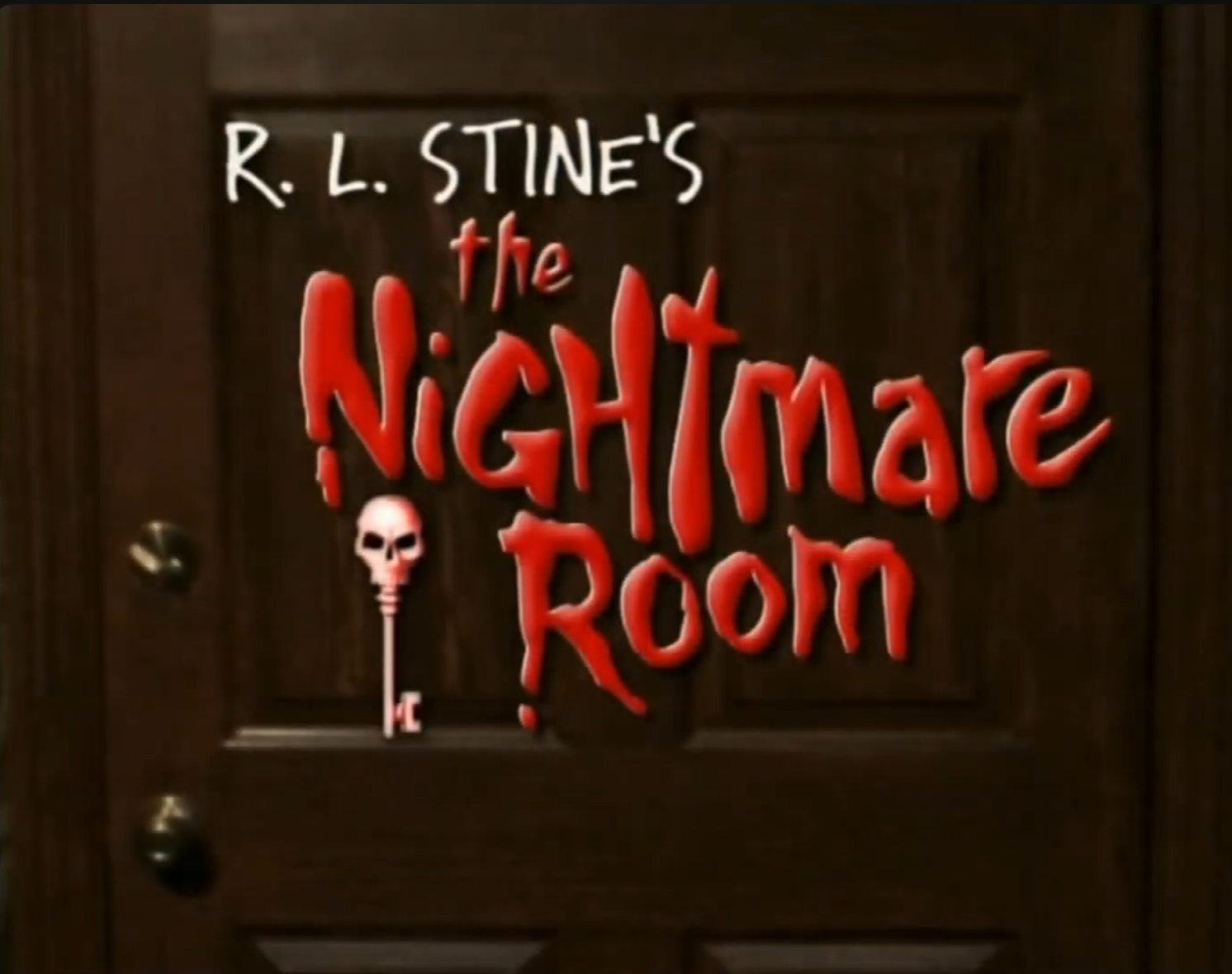 Dark brown paneled door with the white and red title text “R. L. Stine’s the Nightmare Room” and a small skull-headed key graphic.