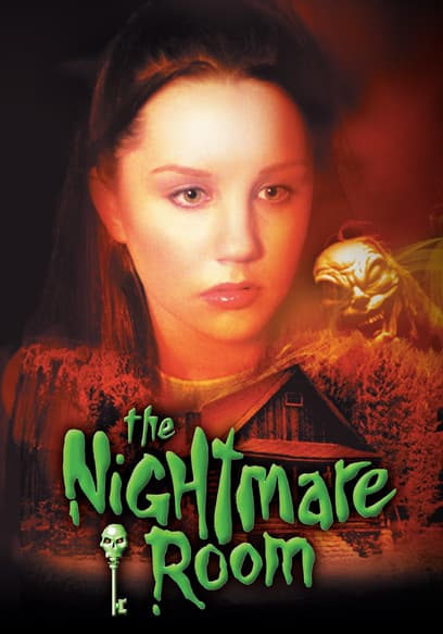 Promotional image showing a young woman’s face above green “the Nightmare Room” title lettering, with a skull-headed key, a dark house, trees, and a large birdlike creature in the background.