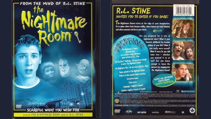 Open DVD case shown front and back for The Nightmare Room: Scareful What You Wish For; the front has blue artwork with a worried boy, eerie figures, and a roller coaster, while the back has yellow and white text, three small scene photographs, and a barcode.