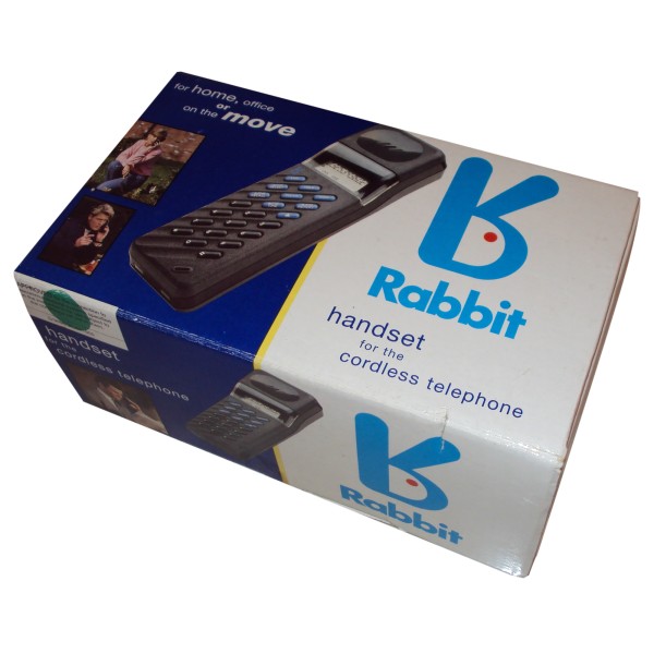 Angled view of a white and dark-blue Rabbit cordless telephone handset box, printed with a large blue Rabbit logo, photographs of the handset, and the words "handset for the cordless telephone."