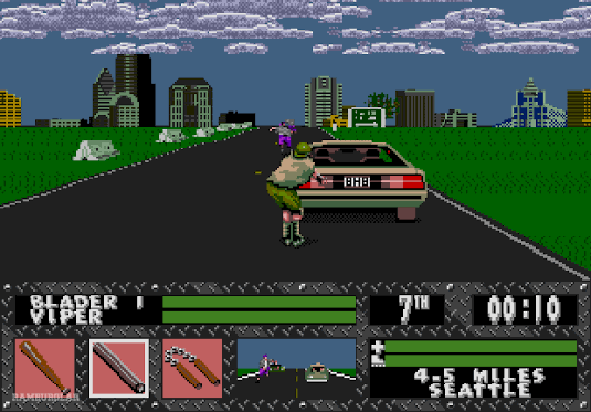 Pixel-art gameplay screen showing a rollerblader holding onto the back of a moving car on a road toward a city skyline, with a status panel displaying weapons, rank, time and a Seattle distance readout.