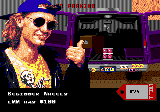 Pixel-art gameplay screen showing a smiling man in a cap and sunglasses giving a thumbs-up beside the open rear of a purple vehicle; on-screen text includes "PARKING," "BEGINNER WHEELS," "$25," and "LMH HAS $100."
