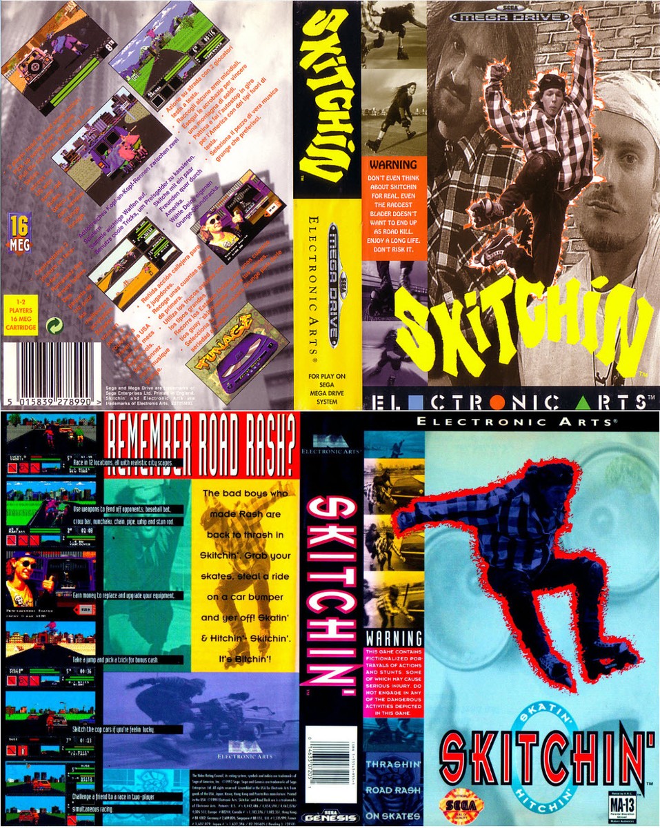Composite image containing two flattened Skitchin' game-case scans: a Sega Mega Drive case at the top with black-and-white cover art and yellow title lettering, and a Sega Genesis case at the bottom with a pale blue cover and red-outlined skater.