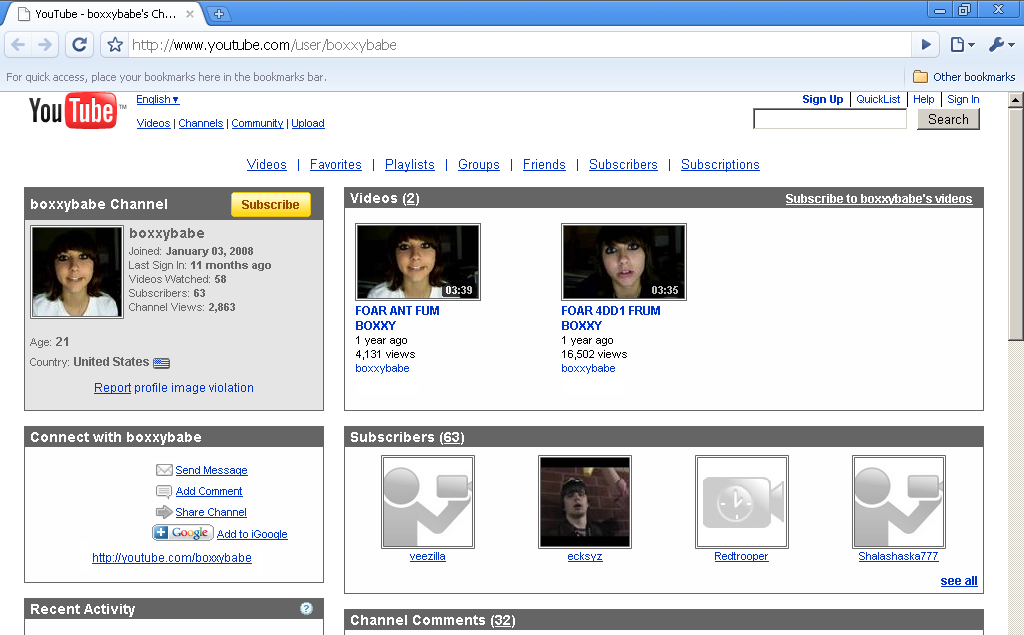 Screenshot of an older YouTube channel page in a web browser for “boxxybabe.” The page shows a profile photo of a young woman with dark hair, channel statistics, two video thumbnails featuring her face, subscriber icons, and navigation links.