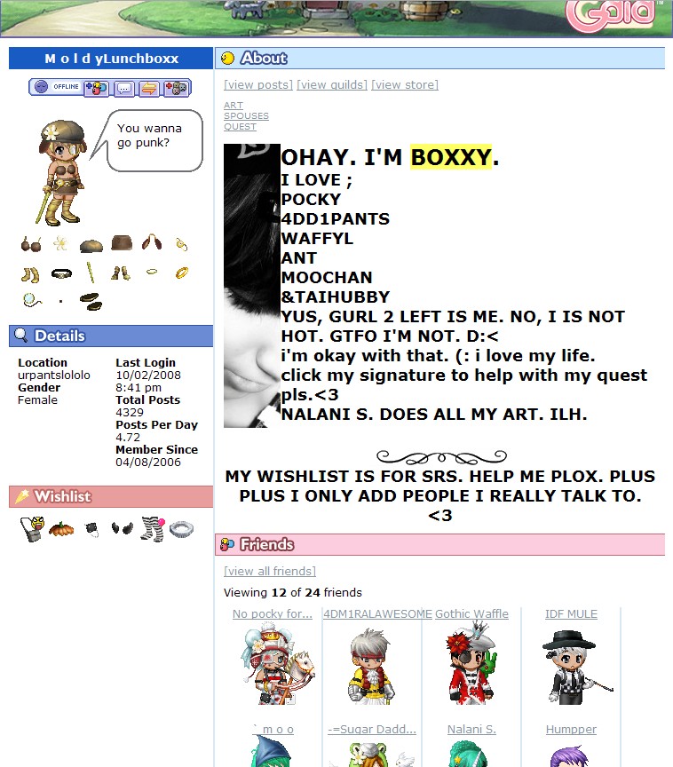 A Gaia Online profile page for “MoldyLunchboxx” shows a small armoured cartoon avatar, wishlist icons, friend avatars and an About section headed “OHAY. I’M BOXXY.”