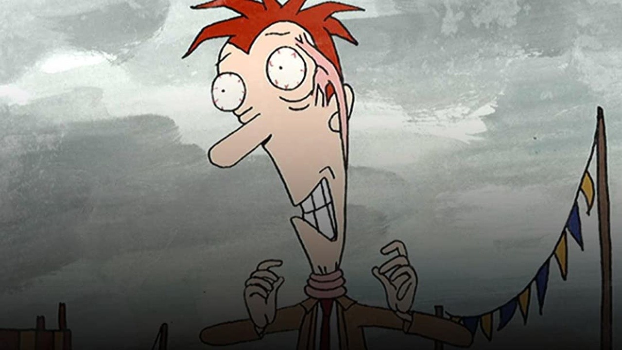 Animated image of Eric, a red-haired cartoon man with bulging eyes and clenched teeth, standing with both hands raised against a cloudy grey sky; coloured triangular bunting appears at right.