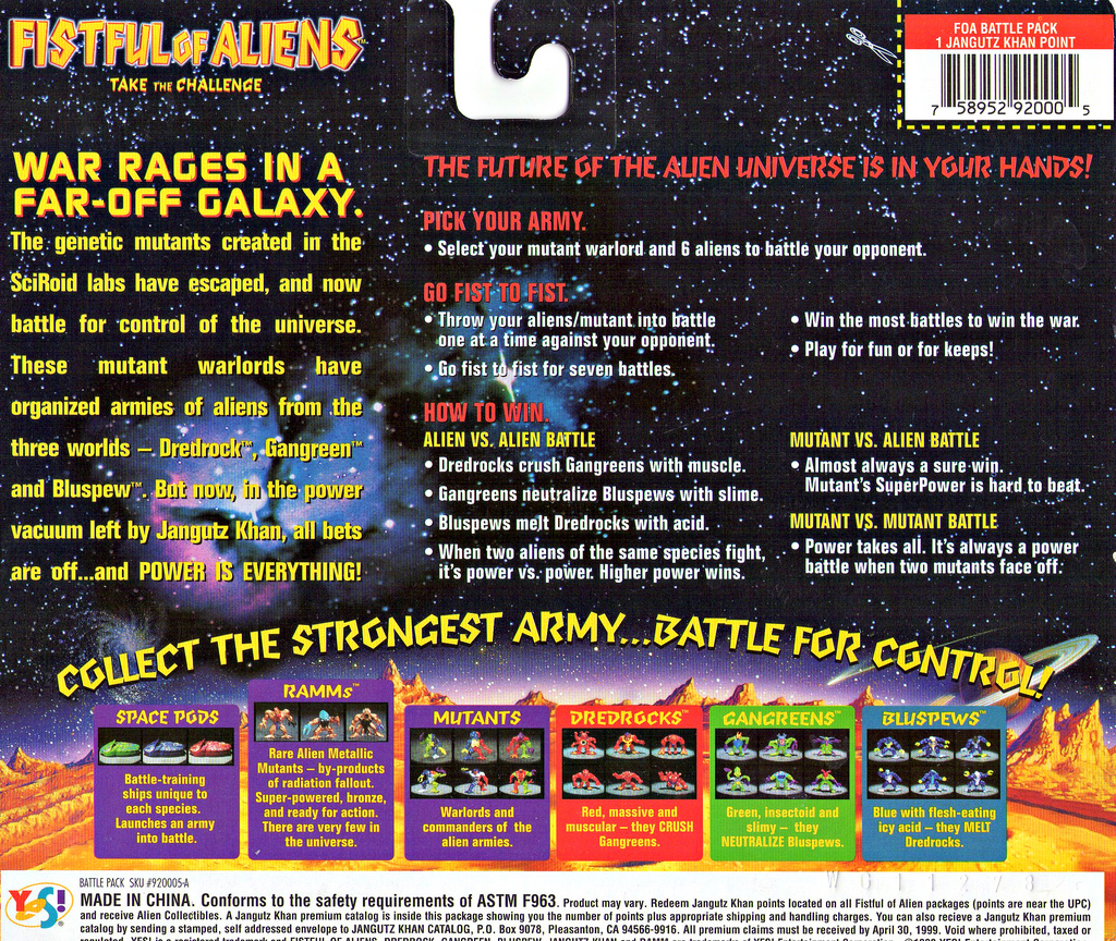 Back of a Fistful of Aliens Battle Pack card with a star-field background, printed game instructions, a barcode panel, and illustrated boxed categories for Space Pods, Ramms, Mutants, Dredrocks, Gangreens, and Bluspews.