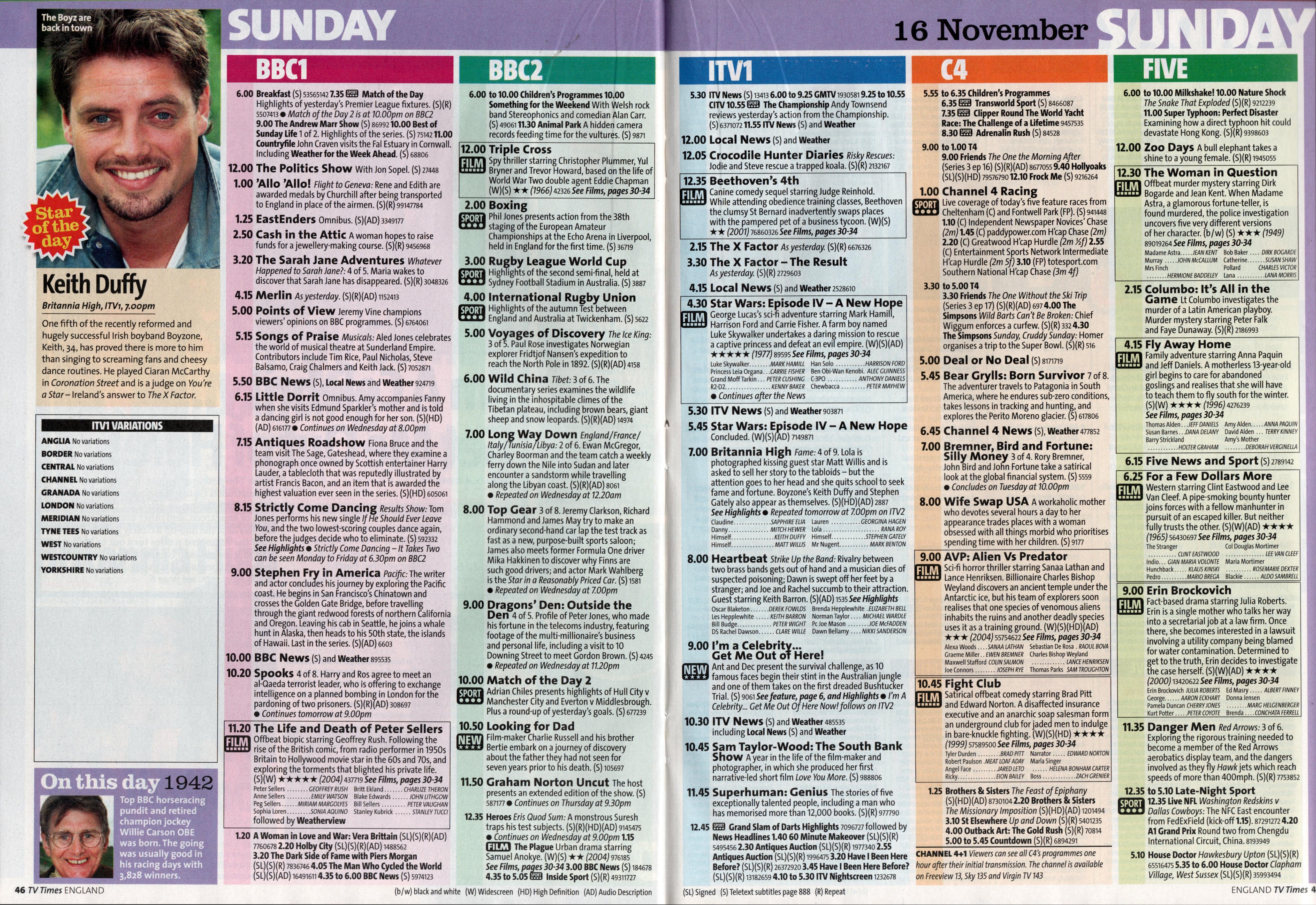 Photograph of a TV Times England listings page for Sunday 16 November, arranged in columns for Five, BBC1, BBC2, ITV1 and Channel 4, with programme times, titles and multi-digit codes; a Channel 4+1 advertisement appears near the bottom.