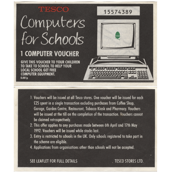 A composite image shows the front and back of a Tesco Computers for Schools voucher. The front has red Tesco lettering, a desktop-computer drawing and the words “1 COMPUTER VOUCHER,” while the reverse contains numbered collection terms.