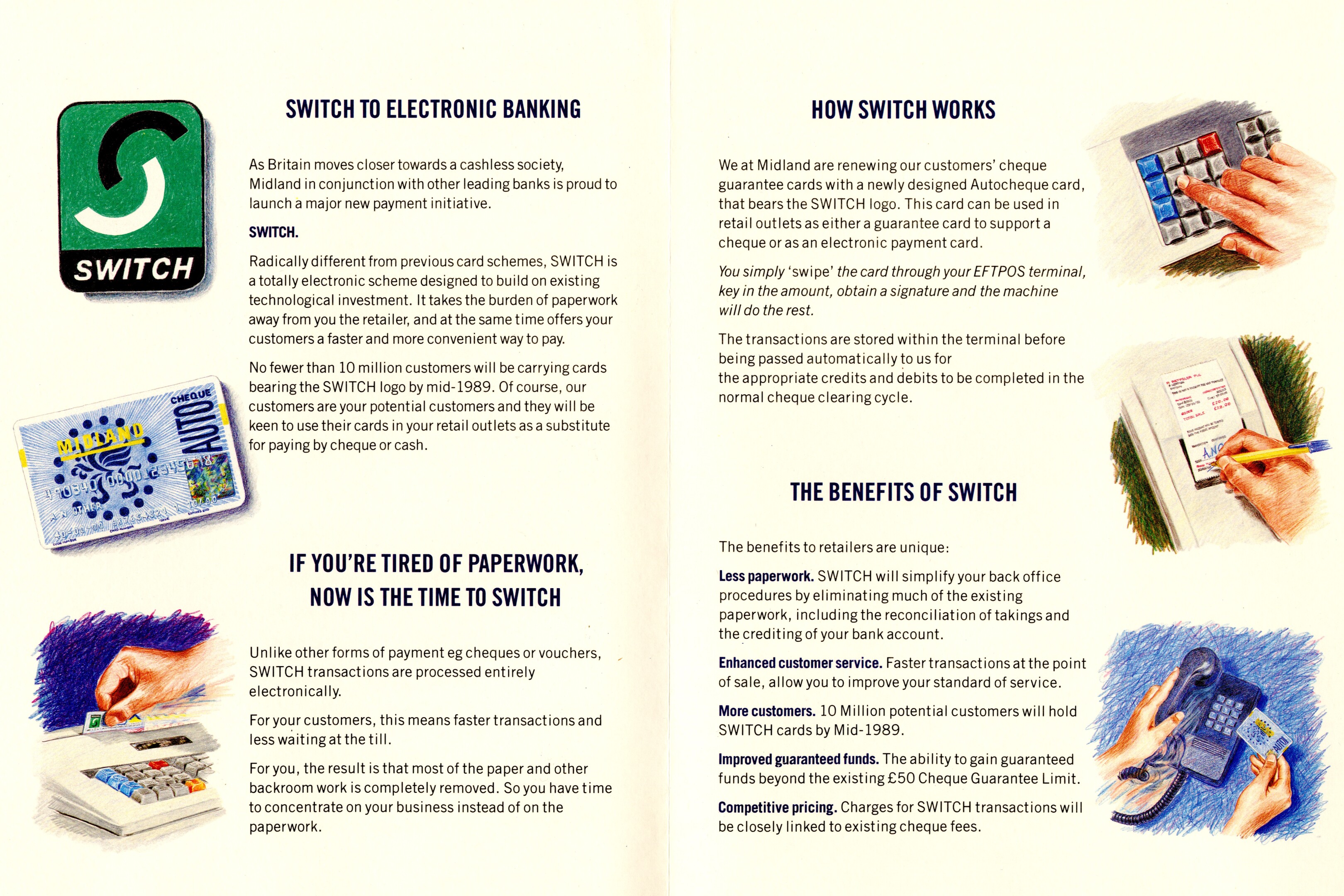 Two-page Midland promotional brochure for SWITCH electronic banking, with the green-and-black SWITCH logo, a pictured Midland Autocheque card, and illustrations of a card being swiped through a keypad terminal, a signed receipt, and a telephone payment device.
