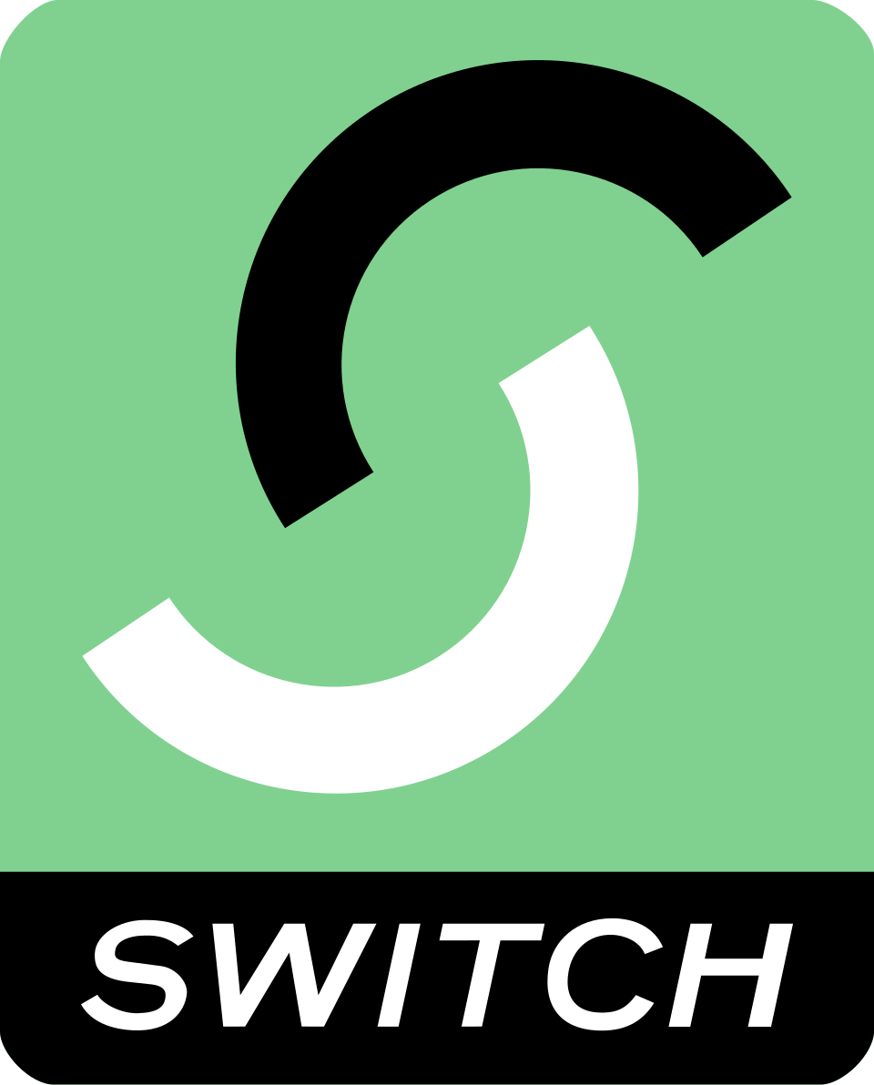 Large Switch logo with a green upper field containing black and white curved shapes and a black lower band with the word “SWITCH” in white.