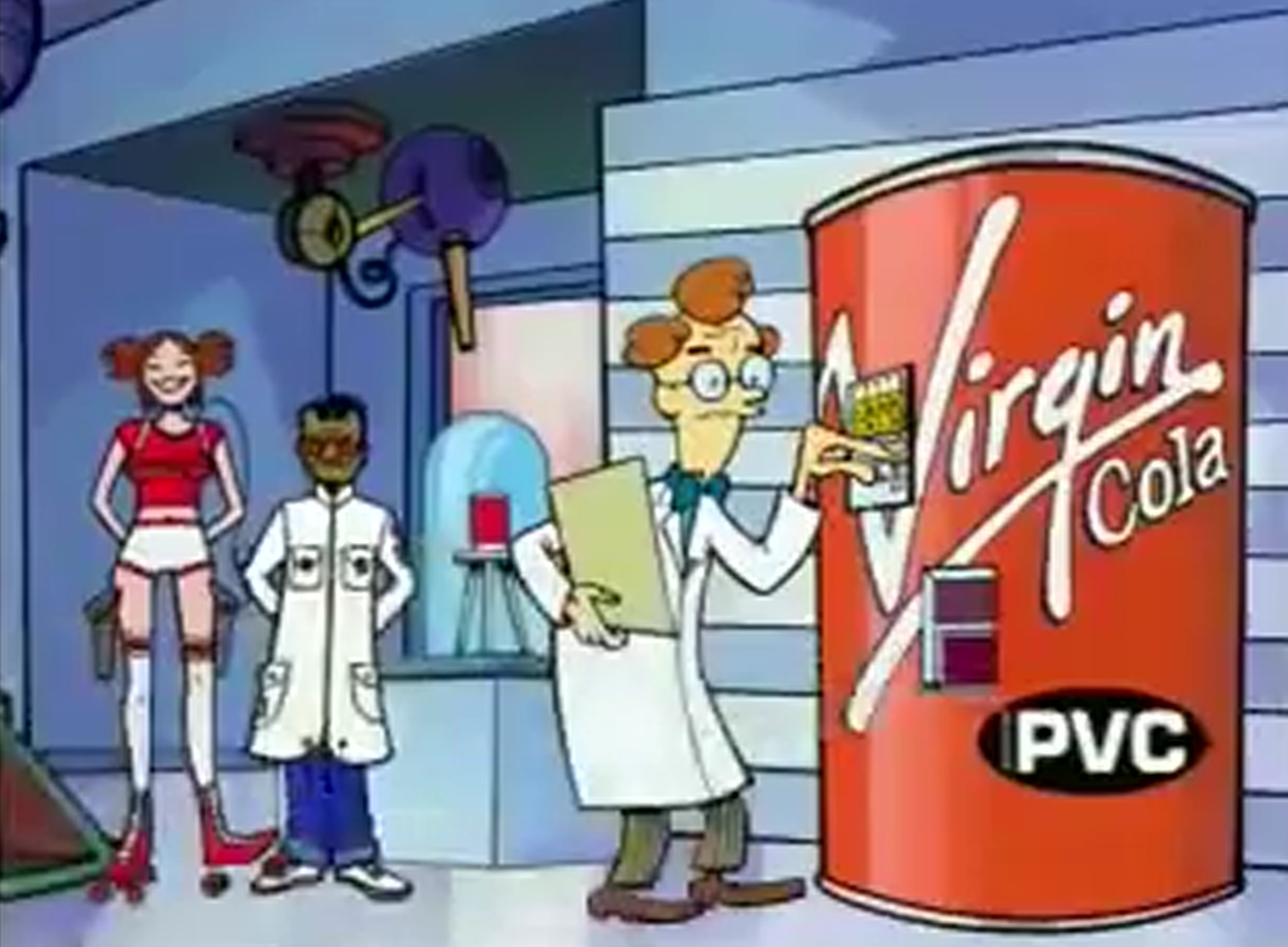 Cartoon scene in a laboratory: a scientist in a white coat holds a small can beside a giant red can labelled “Virgin Cola” and “PVC,” while two other cartoon figures stand at left.