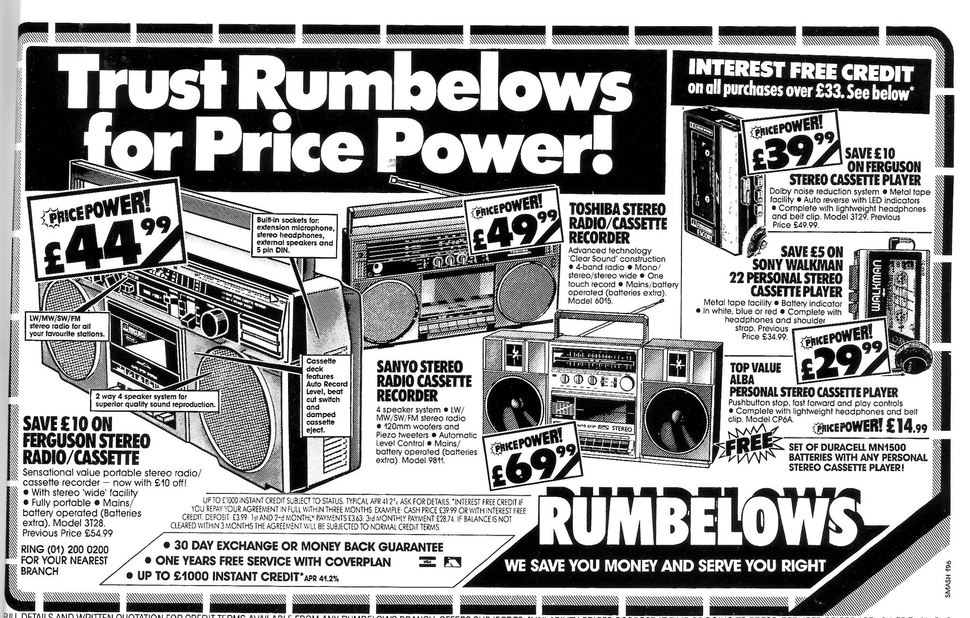 Black-and-white Rumbelows newspaper advertisement headed “Trust Rumbelows for Price Power!” showing illustrated portable stereo radio cassette recorders and personal cassette players from Ferguson, Toshiba, Sanyo, Sony and Alba, with large sale prices, credit offer text and the Rumbelows logo.