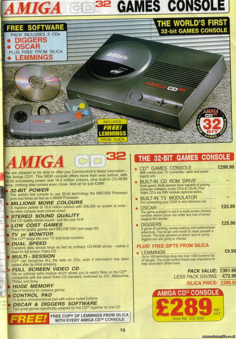 Scanned magazine catalogue page advertising the Amiga CD32 Games Console, showing the console, controller and compact disc. Text promotes free software including Diggers, Oscar and Lemmings and lists a price of £289.99 including VAT.