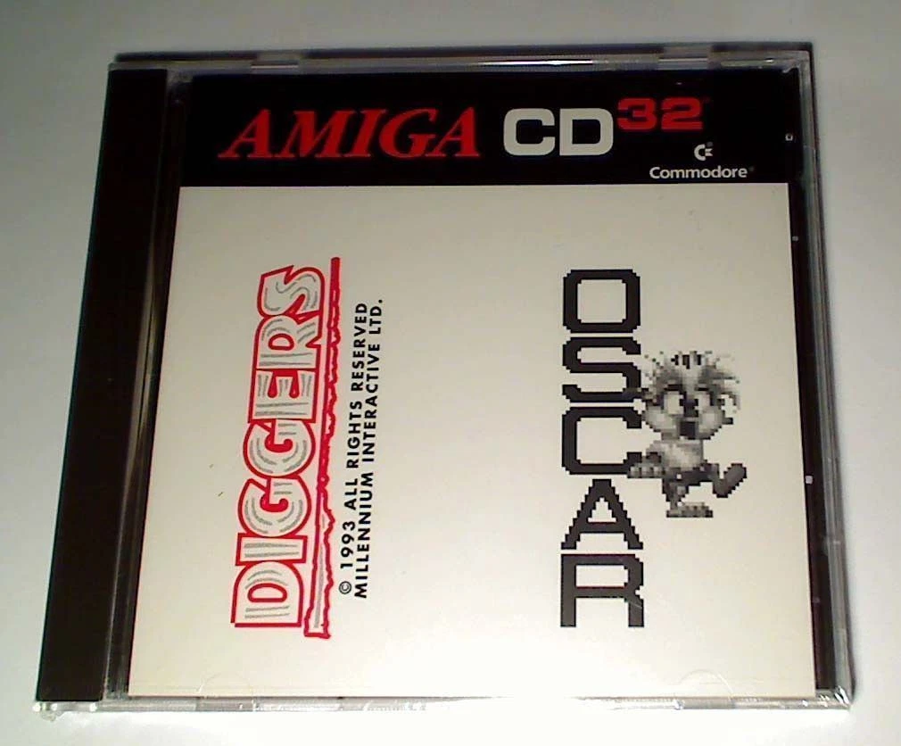 Photograph of a clear CD jewel case containing an Amiga CD32 disc labeled “Diggers” and “Oscar,” with Amiga CD32 and Commodore branding along the top.