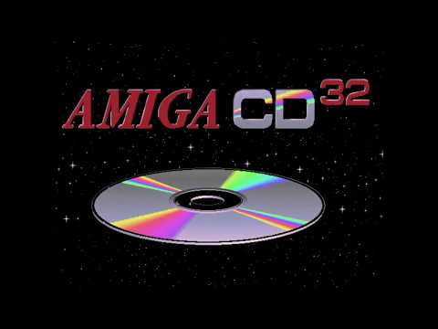 Black star-speckled background with the red, silver and red 'AMIGA CD32' logo above a reflective compact disc.