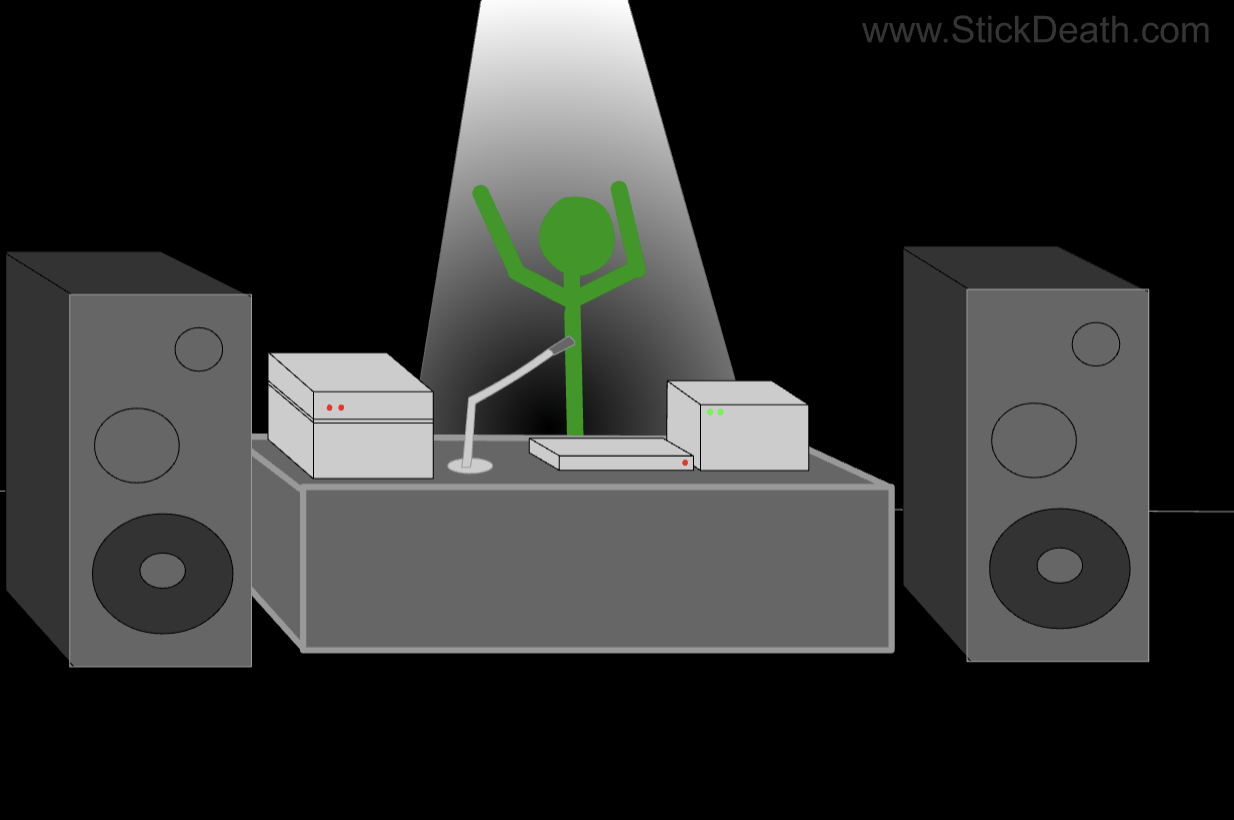 Stylized illustration on a black background of a green stick figure at a gray DJ-style console with a microphone, flanked by two large speakers under a white spotlight; “www.StickDeath.com” appears at upper right.