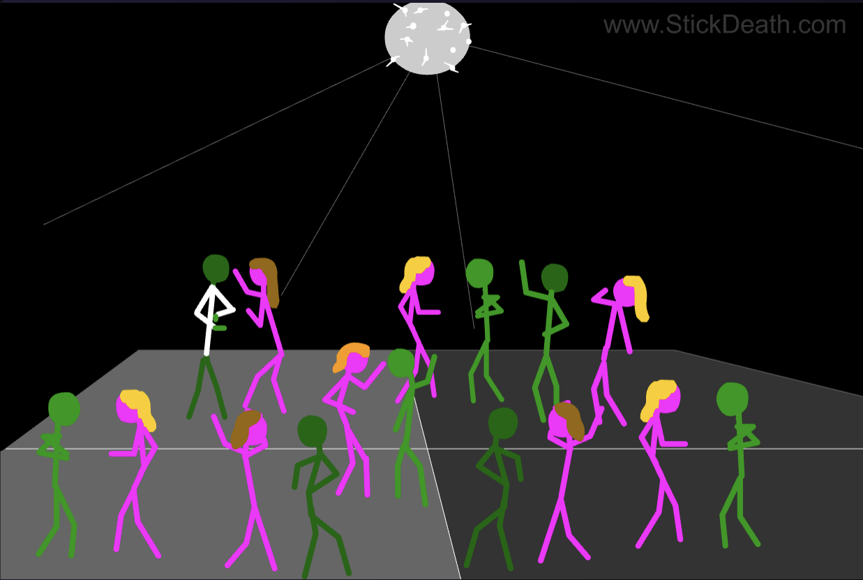 A dark cartoon scene shows brightly colored stick figures dancing on a gray floor beneath a white disco ball, with thin beams of light and the text “www.StickDeath.com” at upper right.
