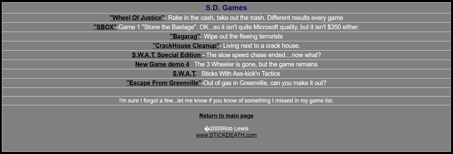 Gray webpage headed “S.D. Games,” listing linked game titles including “Wheel Of Justice,” “SBOX,” “Bagarag,” “CrackHouse Cleanup,” “S.W.A.T. Special Edition,” “New Game demo 4,” “S.W.A.T.,” and “Escape From Greenville.” A “Return to main page” link and “www.STICKDEATH.com” appear near the bottom.