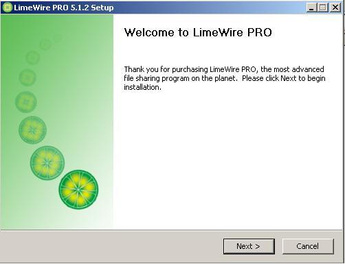 LimeWire PRO 5.1.2 Setup window with a green panel of lime-slice graphics, the heading “Welcome to LimeWire PRO,” installation text, and Next and Cancel buttons.