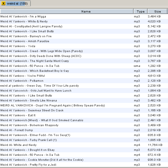 Search-results table for “weird al” listing 189 audio files, with columns for file name, type, and size and alternating pale blue rows.