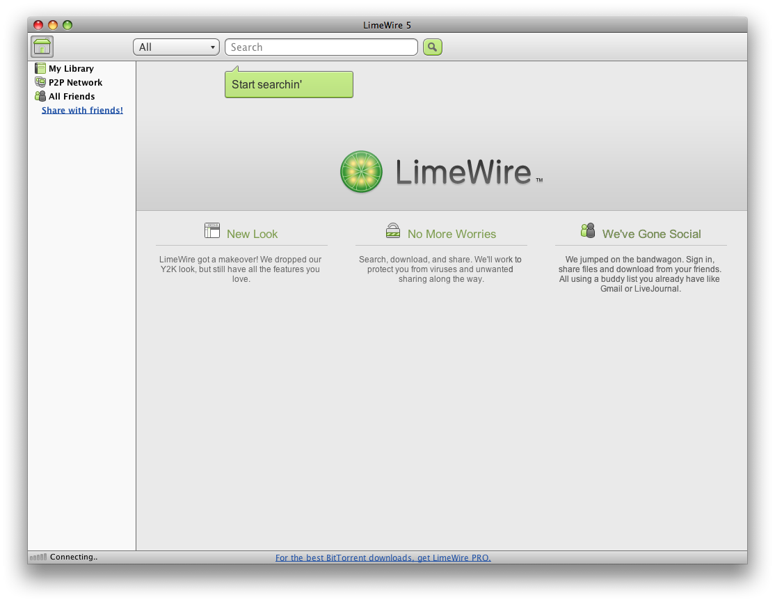 LimeWire 5 window on a black background with a search bar, navigation links for My Library, P2P Network, and All Friends, a large LimeWire logo, and panels titled “New Look,” “No More Worries,” and “We’ve Gone Social.”
