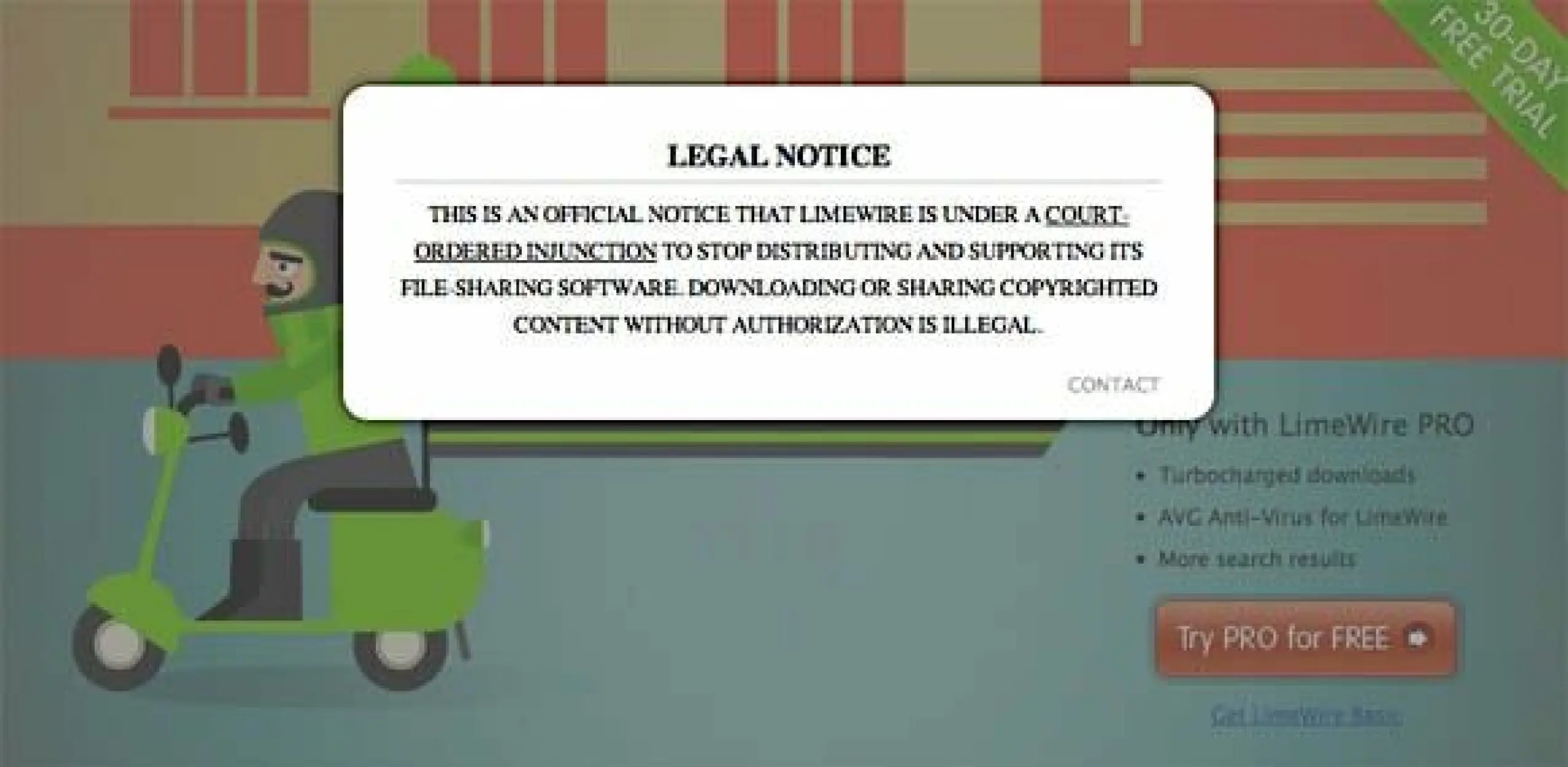 Dimmed LimeWire webpage with a centered legal-notice box stating that LimeWire is under a court-ordered injunction to stop distributing and supporting its file-sharing software; a cartoon scooter rider and a “Try PRO for FREE” button remain visible behind it.