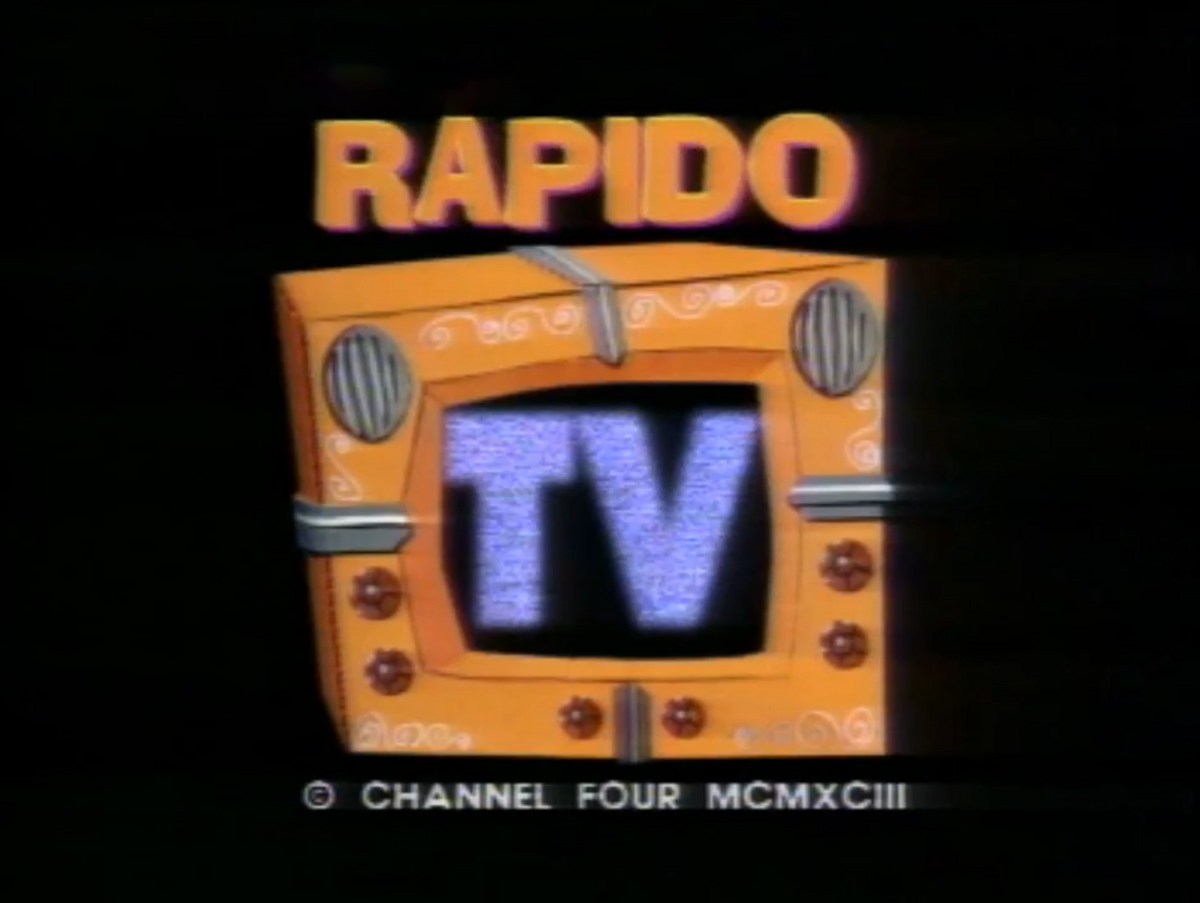 The words “RAPIDO TV” appear above an illustrated orange television set with static-filled letters “TV” on its screen; a small Channel Four date line appears below.