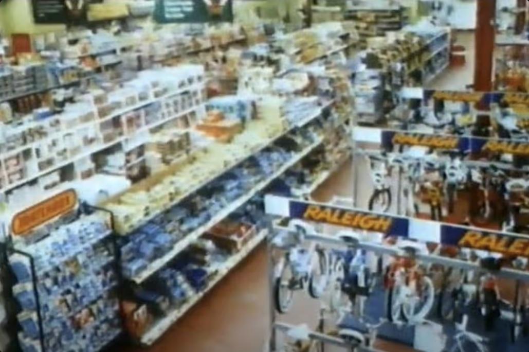 Elevated view across a store interior with long shelves of boxed merchandise and bicycle displays marked with blue-and-orange “RALEIGH” signs.