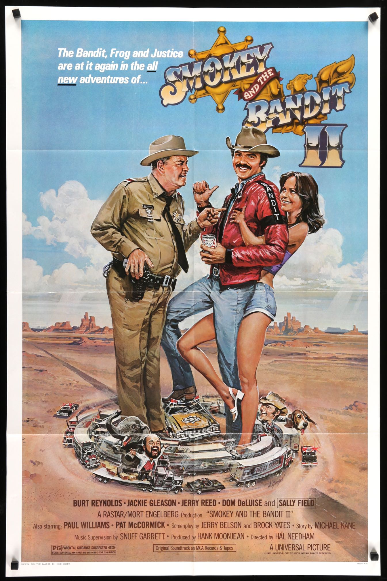 An illustrated theatrical poster for Smokey and the Bandit II shows a uniformed sheriff, a moustached man in a red shirt and cowboy hat, and a woman in a purple top above cars, trucks, an elephant, desert scenery, cast names and production credits.