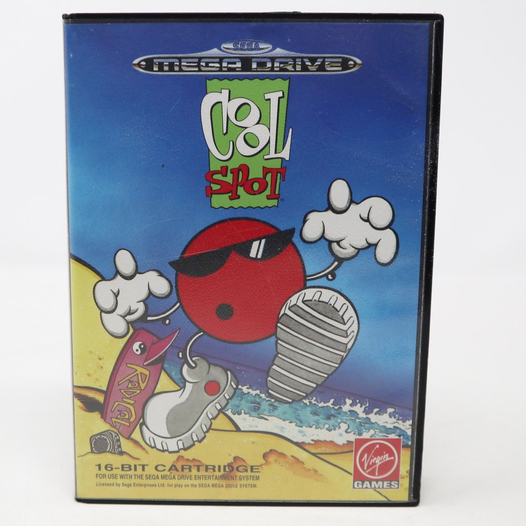 Black Sega Mega Drive game case photographed against a white background. The blue cover reads “Cool Spot” above a red character wearing sunglasses and running on a beach; a Virgin Games logo appears at lower right.