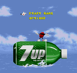 Pixel-art game menu with yellow “START GAME” and “OPTIONS” text above Cool Spot standing on a horizontal green 7UP bottle floating in blue water beneath a cloudy sky.