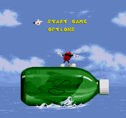 Pixel-art game menu with yellow “START GAME” and “OPTIONS” text above Cool Spot standing on a horizontal dark green bottle floating in blue water; the bottle has an embossed outline of a reclining figure instead of a printed label.