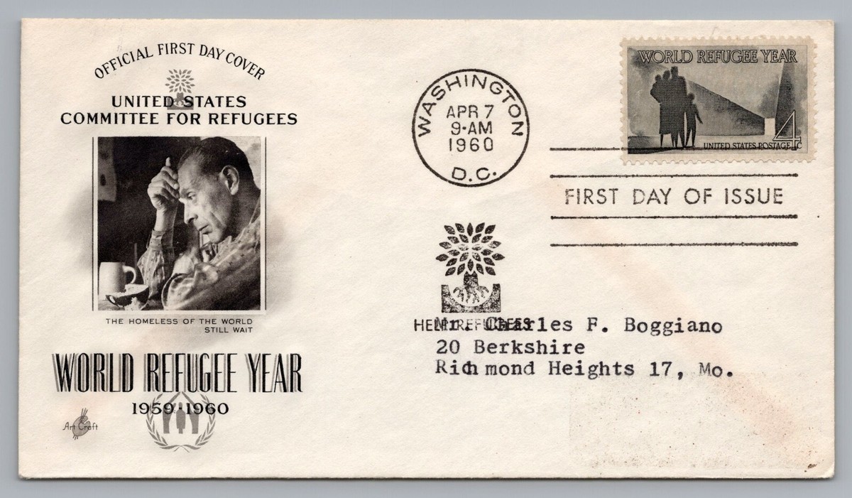A cream addressed envelope bearing a four-cent United States World Refugee Year stamp at upper right.