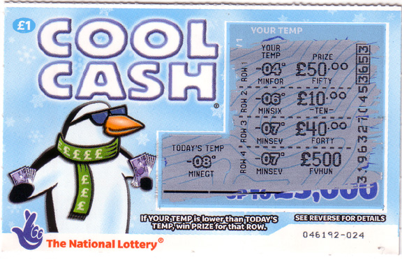 Front of a pale-blue £1 National Lottery “Cool Cash” scratchcard. Large white-and-purple title lettering appears above a cartoon penguin wearing a green scarf. Scratched play areas show “Today’s Temp” as −08°C and four “Your Temp” rows with temperatures, prize amounts and black pen marks.