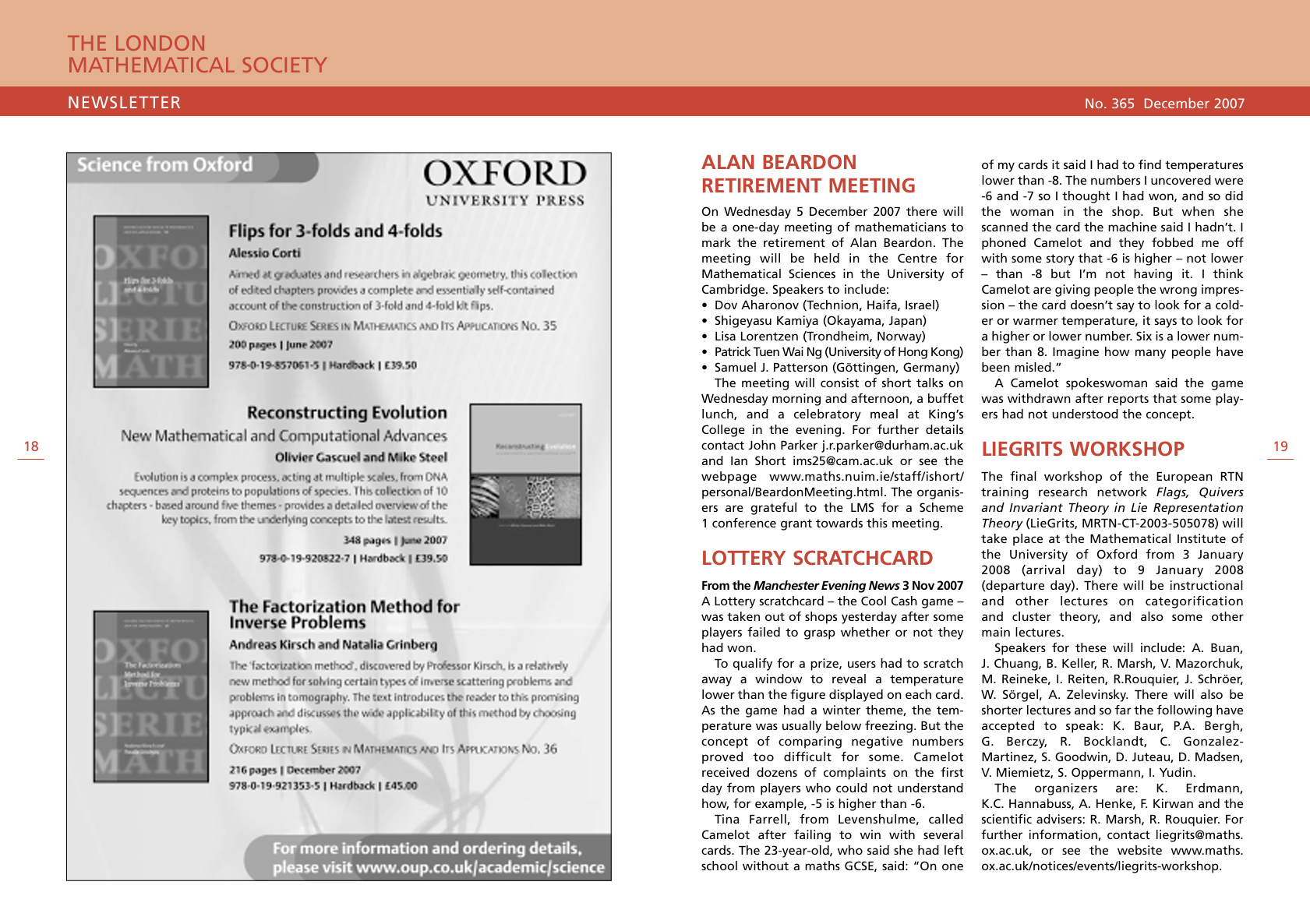 Two-page spread from The London Mathematical Society Newsletter, numbered 365 and dated December 2007.