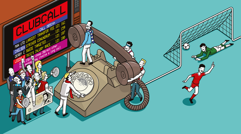 Cartoon illustration of supporters gathered around an oversized rotary telephone beneath a screen headed “CLUBCALL.” The screen contains football update text and numbers; telephone cables extend toward a goal where a goalkeeper dives as a player in red runs away.