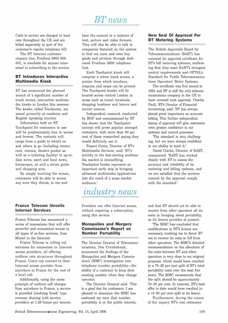 A scanned three-column journal page headed “BT news” and “industry news.” The main upper-left article is titled “BT Introduces Interactive Multimedia Kiosk” and describes Touchpoint kiosks with color touch screens and printers.