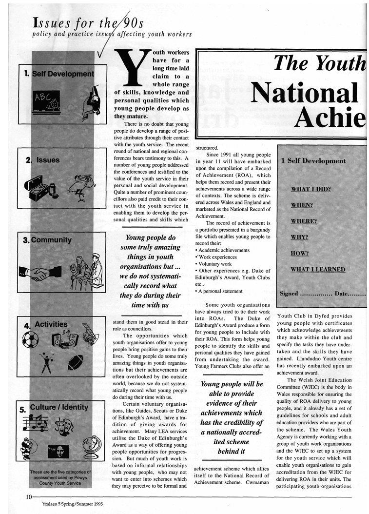 Black-and-white scan of page 10 of Ymlaen, issue 5, Spring/Summer 1995. An illustrated column lists five youth-work assessment categories, while the centre and right columns explain Records of Achievement and show a sample “Self Development” entry form.