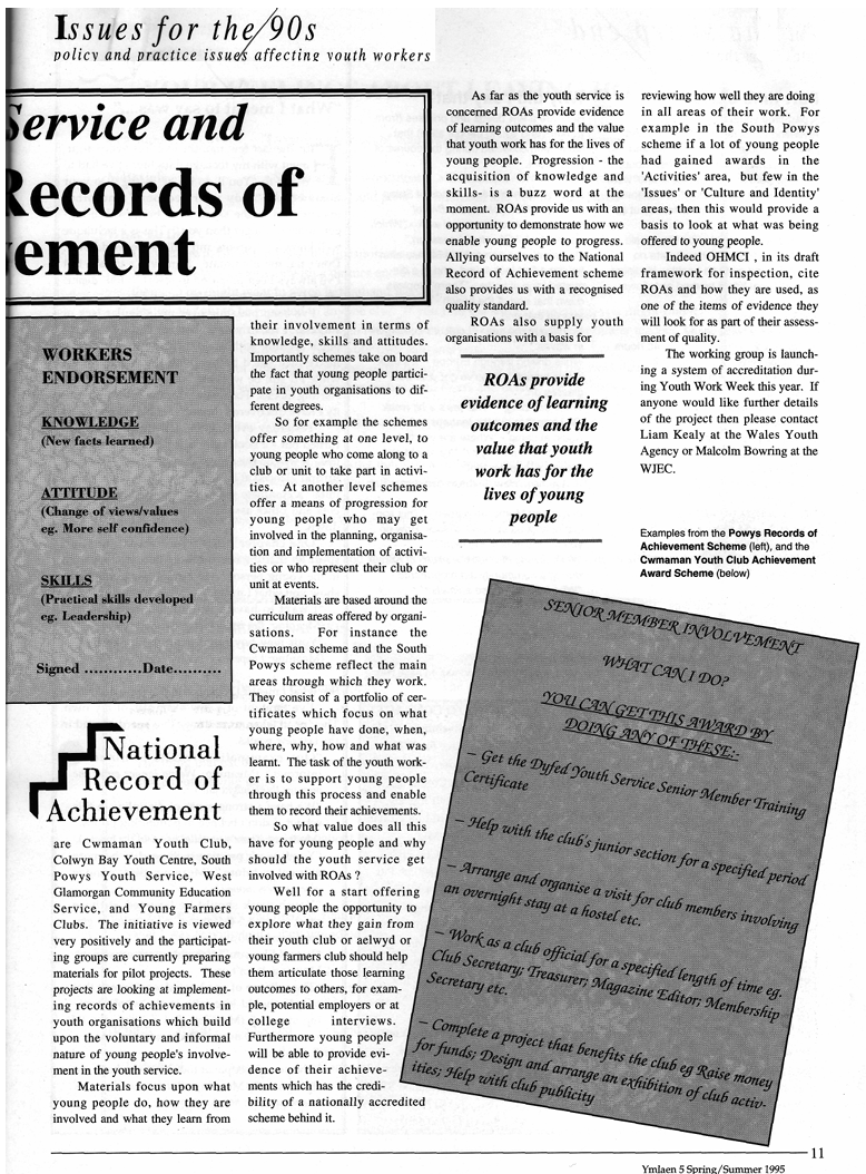 Grayscale scan of a magazine page with columns about Records of Achievement, a form listing knowledge, attitude and skills, a National Record of Achievement logo, and a tilted example headed “Senior Member Involvement.” The footer identifies page 11 and “Ymlaen 5 Spring/Summer 1995.”