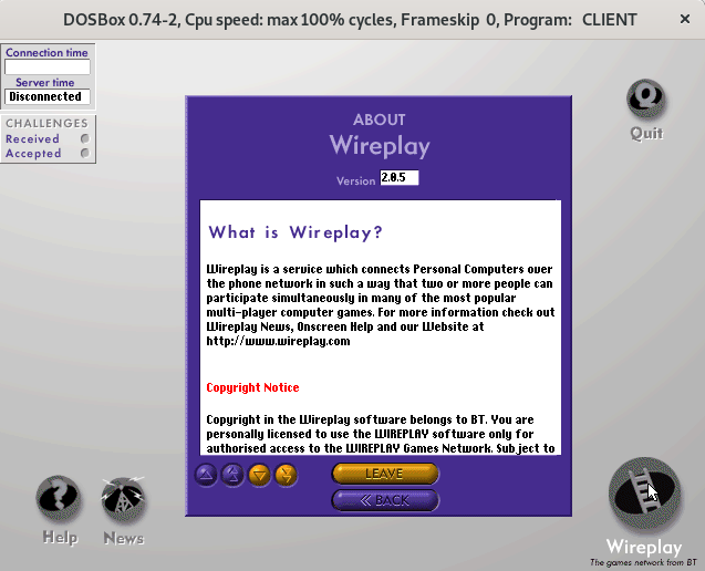 DOSBox window displaying Wireplay’s purple-and-gray About screen. The panel reads “Wireplay,” shows version 2.0.5, and describes the service as connecting personal computers over the phone network; Help, News, Quit, Leave, and Back controls surround the panel.