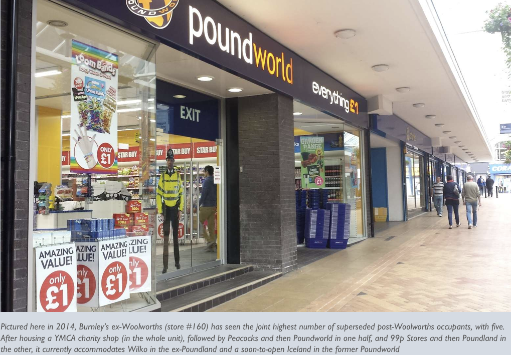 A Poundworld shop in a covered pedestrian arcade, with a black fascia reading “poundworld everything £1,” red-and-white £1 posters in the windows, stacks of blue baskets and several people walking along the passage. A grey text panel is embedded below the photograph.