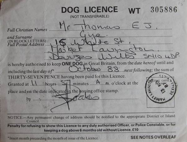 A paper dog licence with handwritten owner details, a Market Lavington post-office stamp, a 37-pence fee and an expiry entry of October 1988.