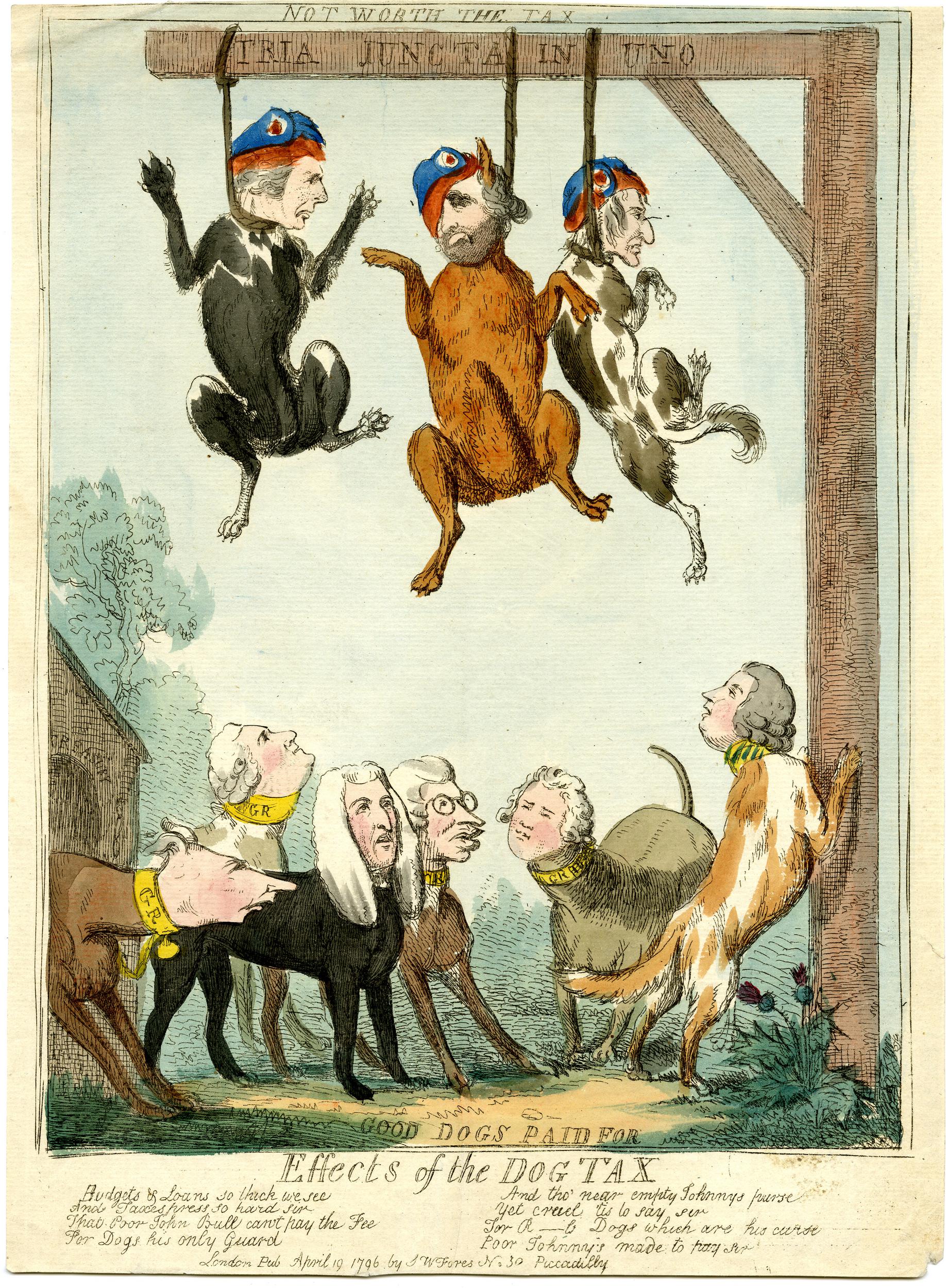 Hand-coloured political cartoon showing politicians as dogs with human faces, with three hanging from a gallows and others gathered below.