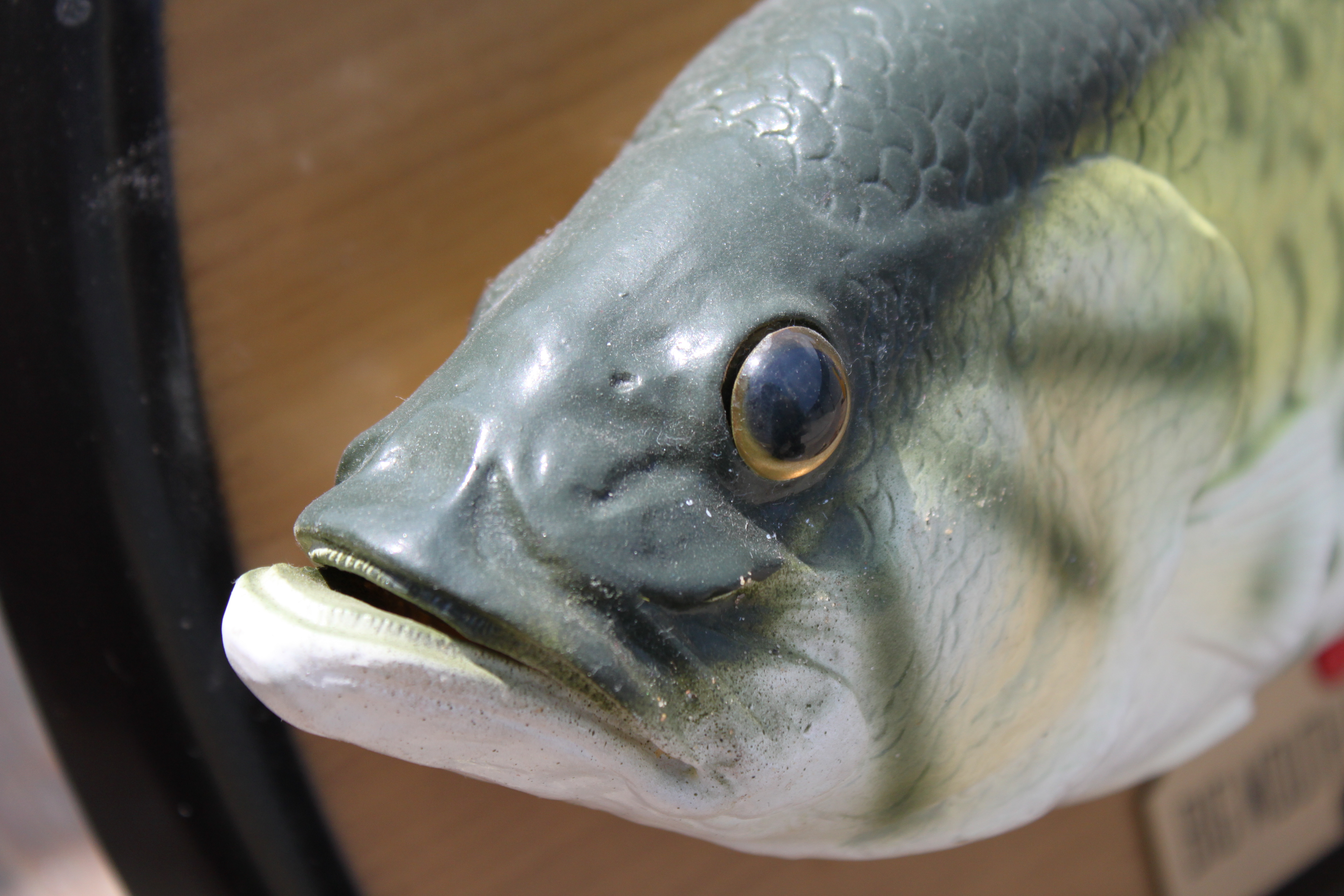 Extreme close-up of a painted gray-green artificial fish head in profile, showing a glossy dark eye, overlapping molded gill plates and textured surface details against a blurred brown-and-black background.