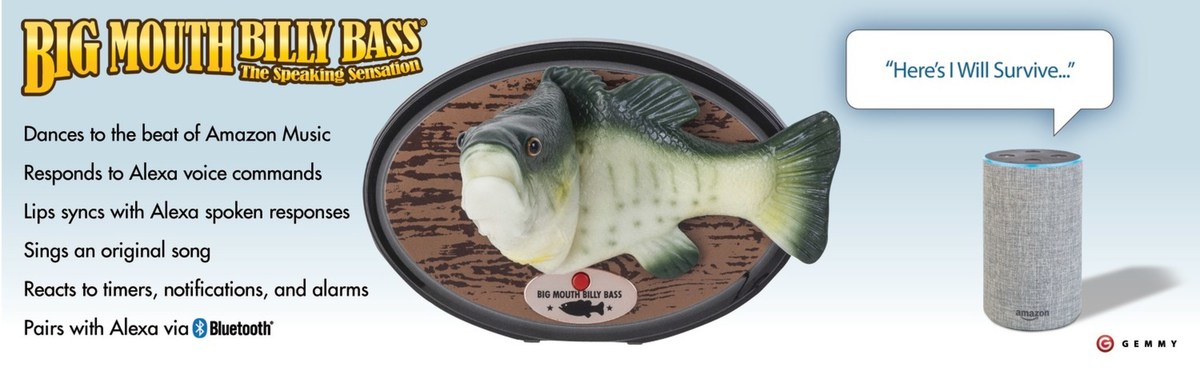 Big Mouth Billy Bass pictured beside an Amazon Echo speaker in a promotional graphic.